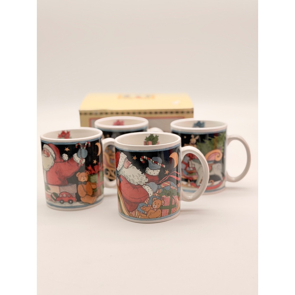 Vintage 1993 Susan Winget Santa Claus Christmas Mugs 4 Navy Blue Ceramic NIB